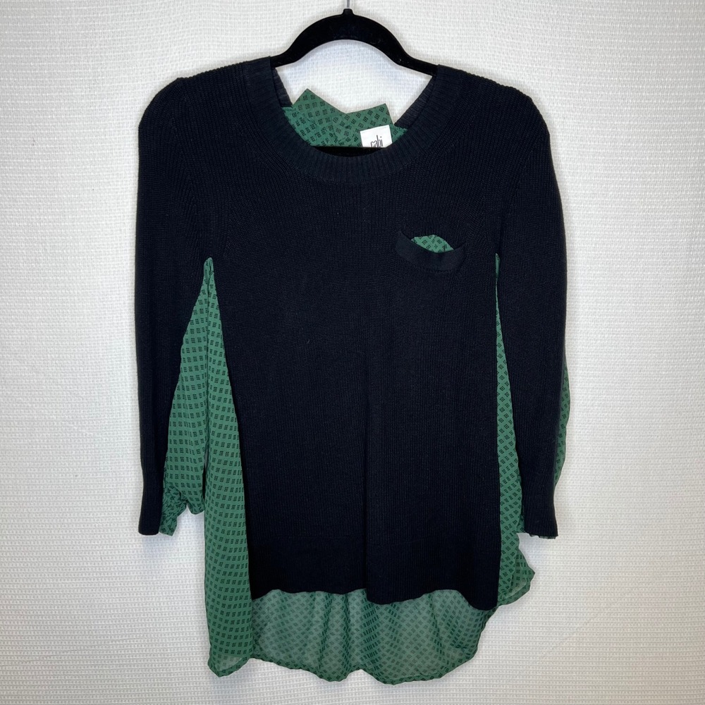 Cabi Womens XS Black Green Mixed Media Button Back Geometric Sweater Top - Picture 2 of 5